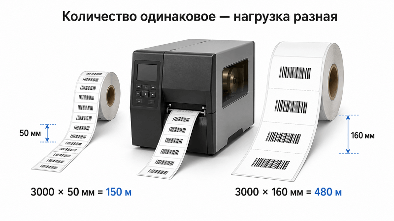 Сравнение нагрузки на принтер при печати этикеток высотой 50 и 160 мм